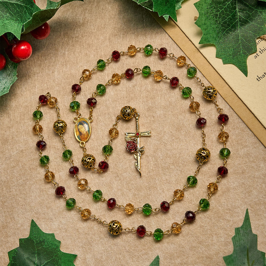 Vintage Red Green Faceted Beads Christmas Rosary with Our Lady & Rose Crucifix