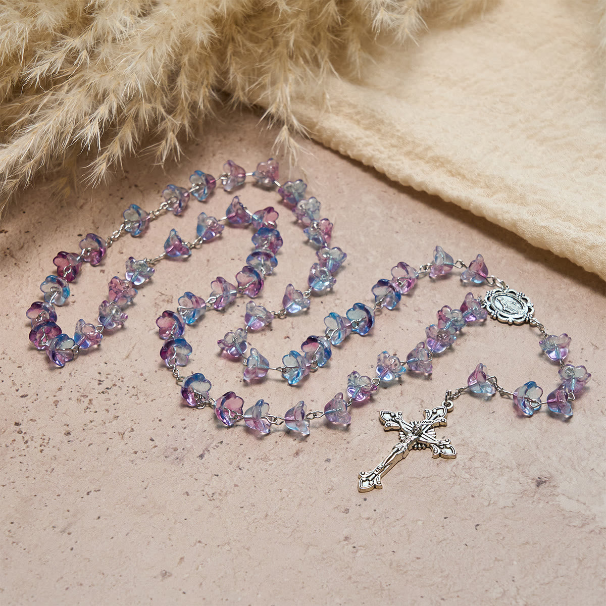 Pastel Bloom Lily-of-the-Valley Glass Rosary with Our Lady: Pure Marian grace