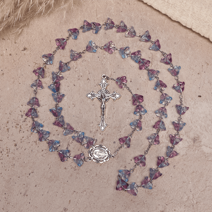 Pastel Bloom Lily-of-the-Valley Glass Rosary with Our Lady: Pure Marian grace