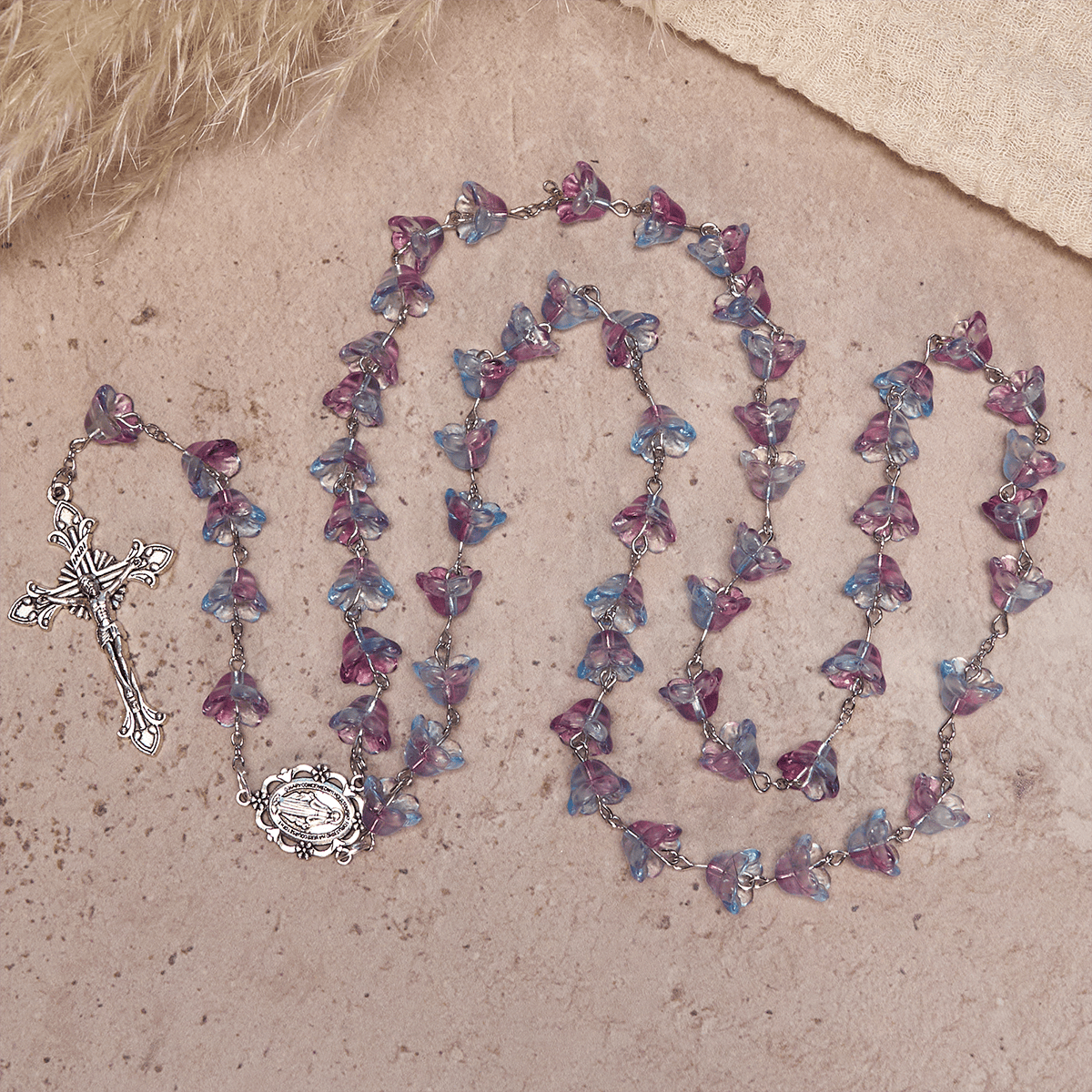 Pastel Bloom Lily-of-the-Valley Glass Rosary with Our Lady: Pure Marian grace