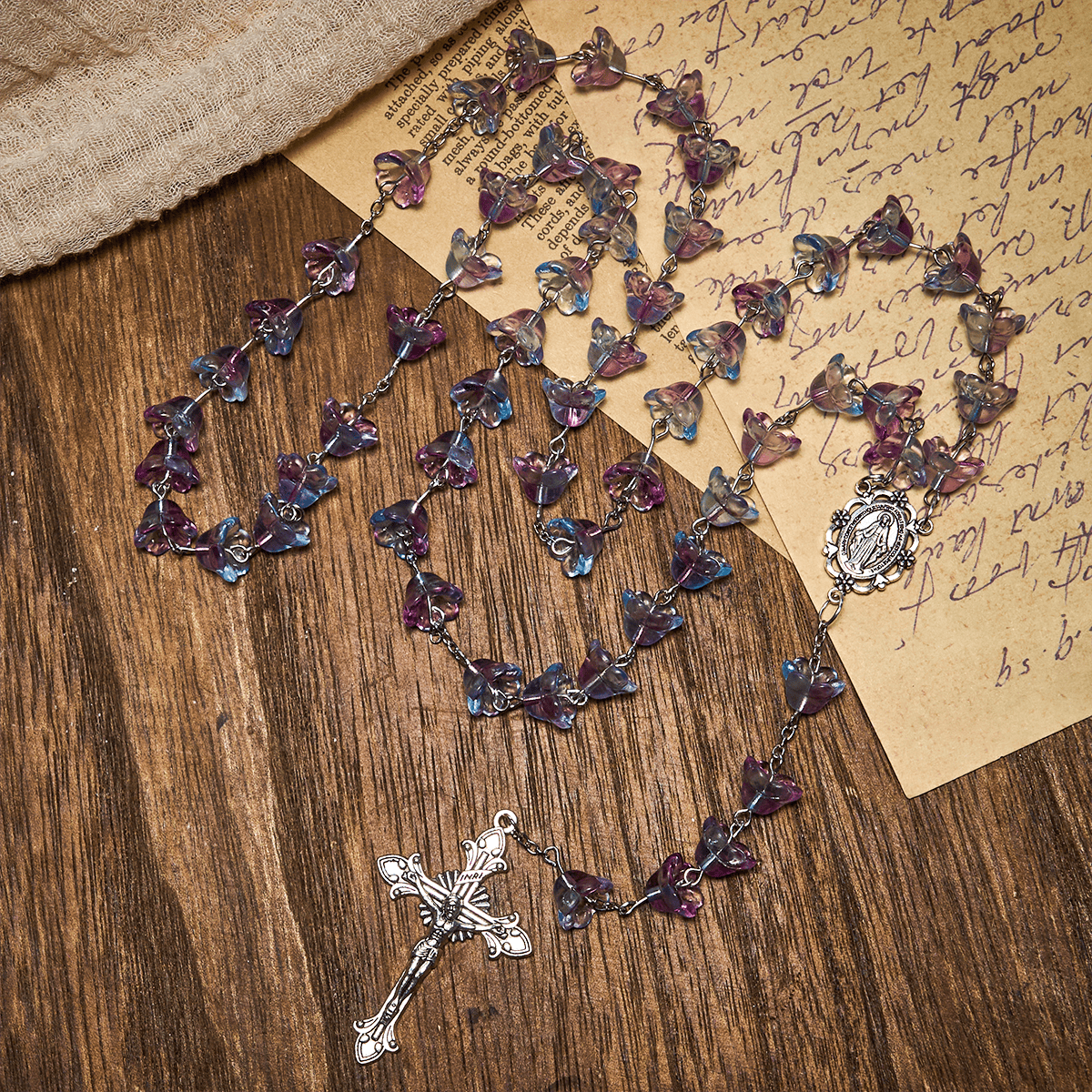 Pastel Bloom Lily-of-the-Valley Glass Rosary with Our Lady: Pure Marian grace