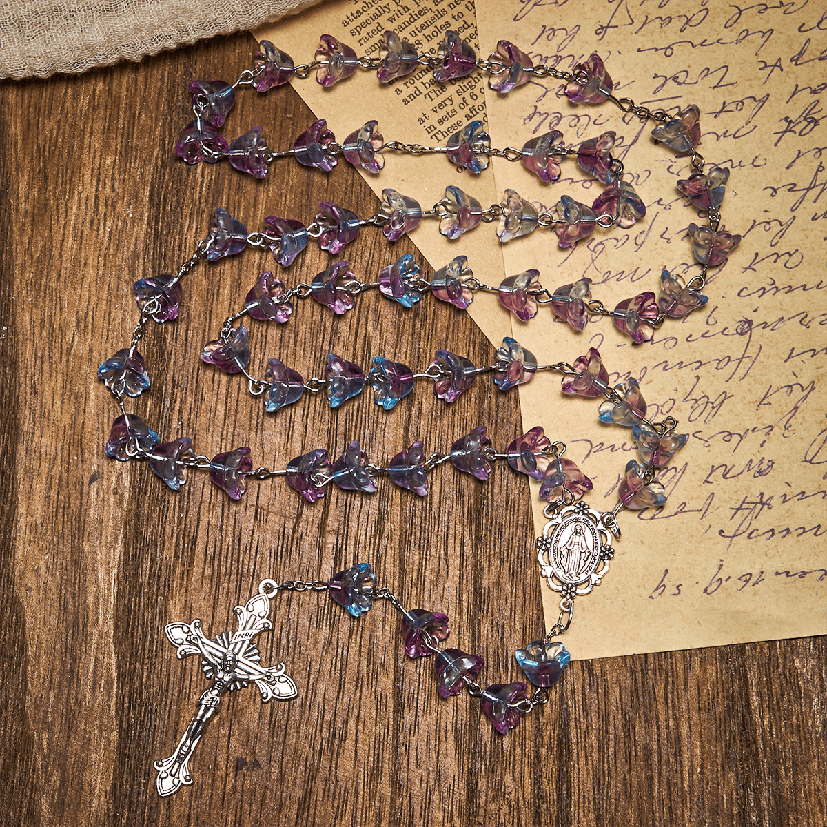 Pastel Bloom Lily-of-the-Valley Glass Rosary with Our Lady: Pure Marian grace
