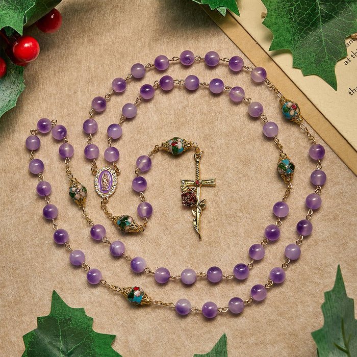 Vintage-Style Purple Crystal & Cloisonné Rosary with Floral Cross and Marian Center