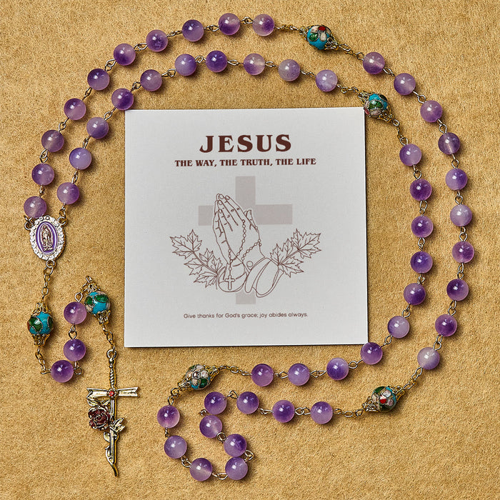 Thanksgiving Gift: Vintage-Style Purple Crystal & Cloisonné Rosary with Floral Cross and Marian Center