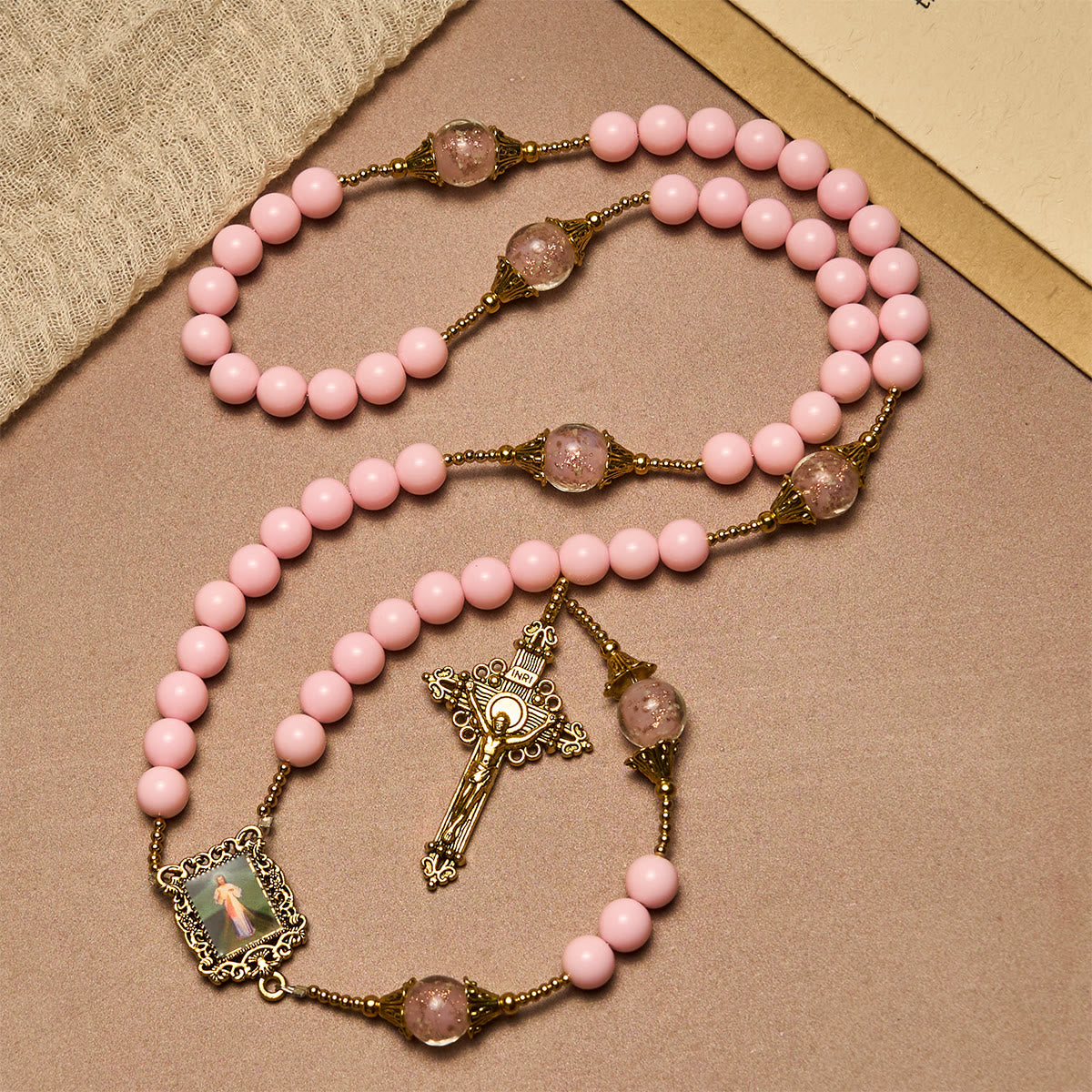 Elegant Pink Beads Faithful Rosary with Divine Mercy for Spiritual Comfort