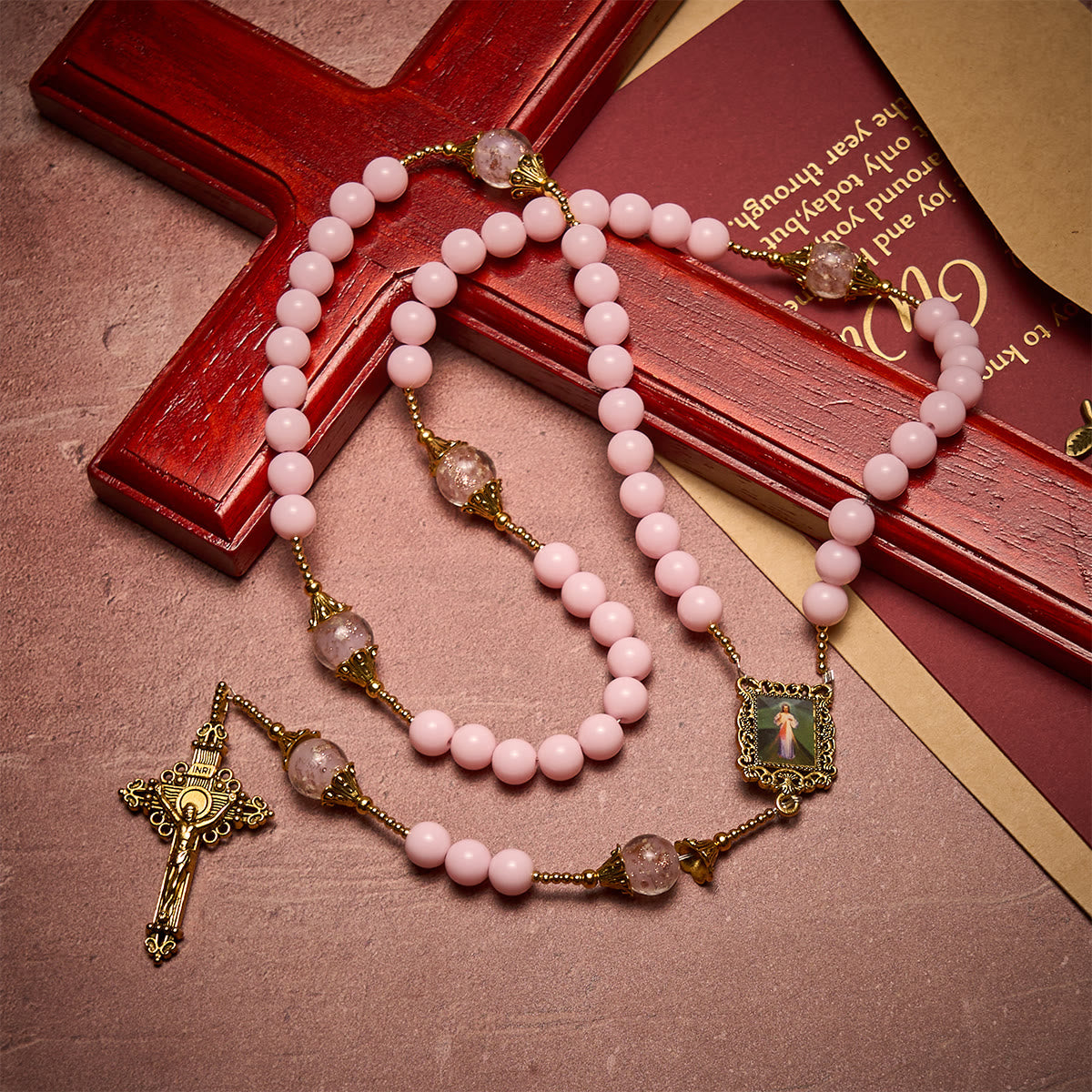 Elegant Pink Beads Faithful Rosary with Divine Mercy for Spiritual Comfort
