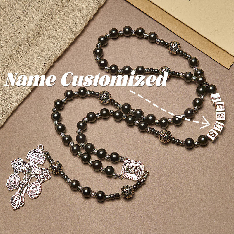 Black Agate Custom Rosary with Shield of St. Michael & Personalized JESUS
