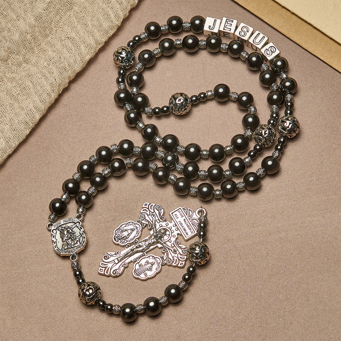 Black Agate Custom Rosary with Shield of St. Michael & Personalized JESUS