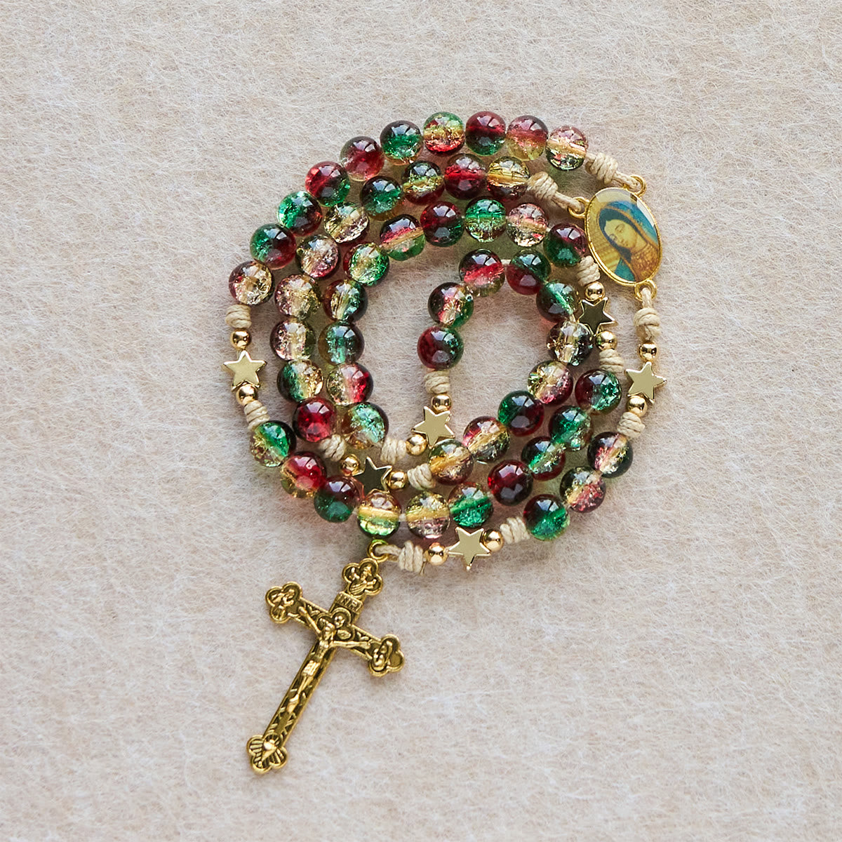 Christmas Gift: Christmas Glass Bead Rosary: Our Lady of Guadalupe Medal & Golden Crucifix
