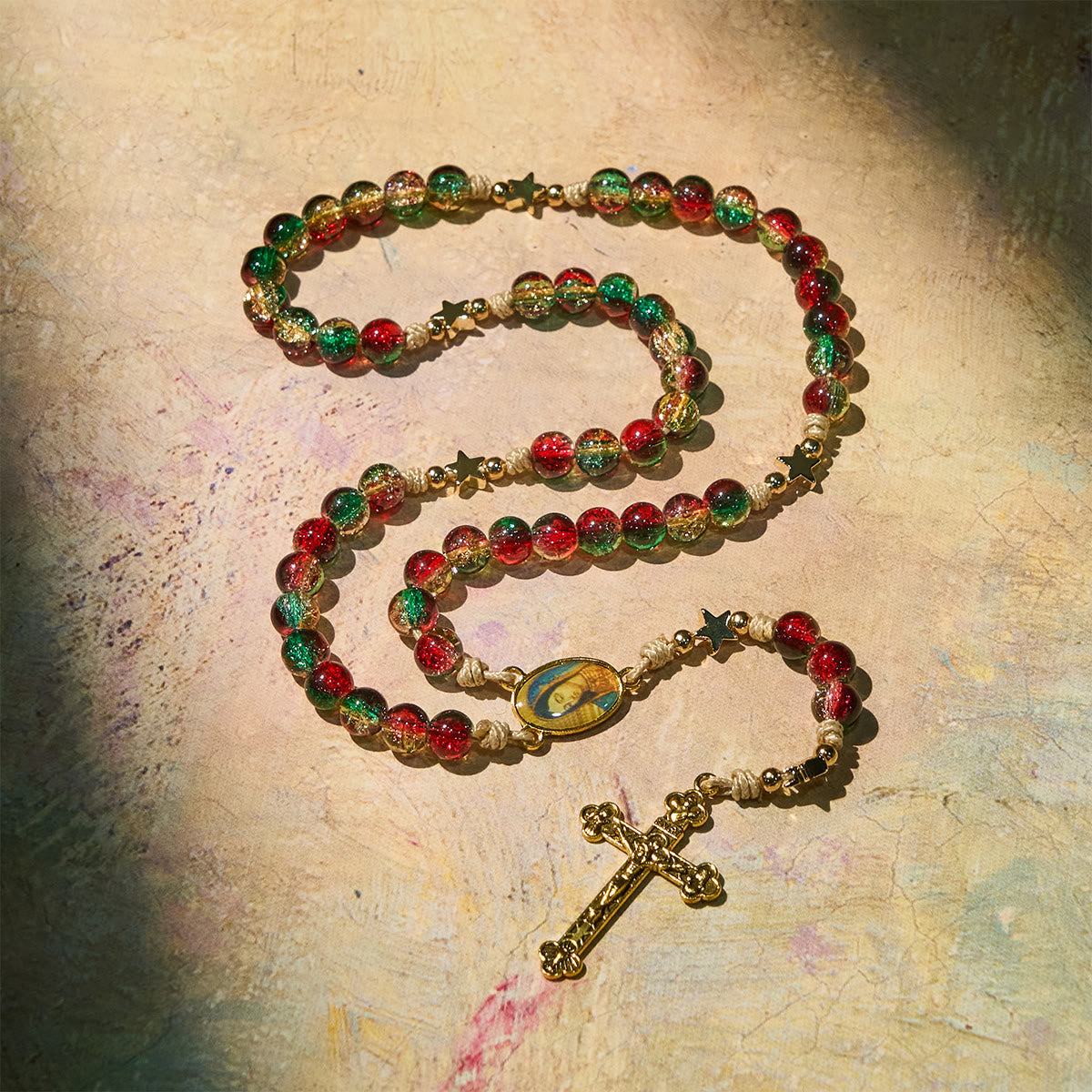 Christmas Gift: Christmas Glass Bead Rosary: Our Lady of Guadalupe Medal & Golden Crucifix