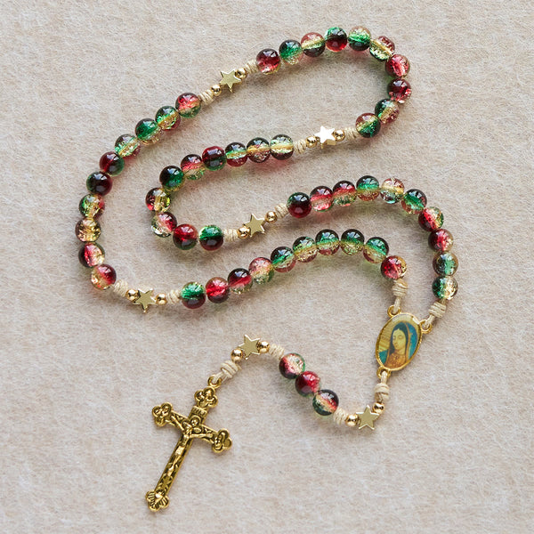 Christmas Glass Bead Rosary: Our Lady of Guadalupe Medal & Golden Crucifix