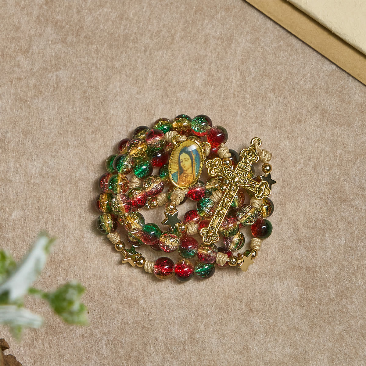 Christmas Glass Bead Rosary: Our Lady of Guadalupe Medal & Golden Crucifix