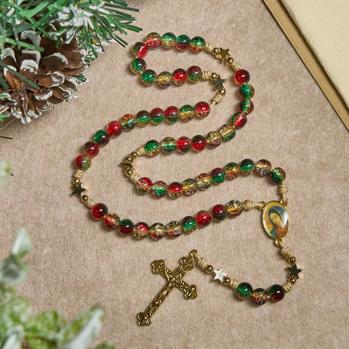 Christmas Gift: Christmas Glass Bead Rosary: Our Lady of Guadalupe Medal & Golden Crucifix