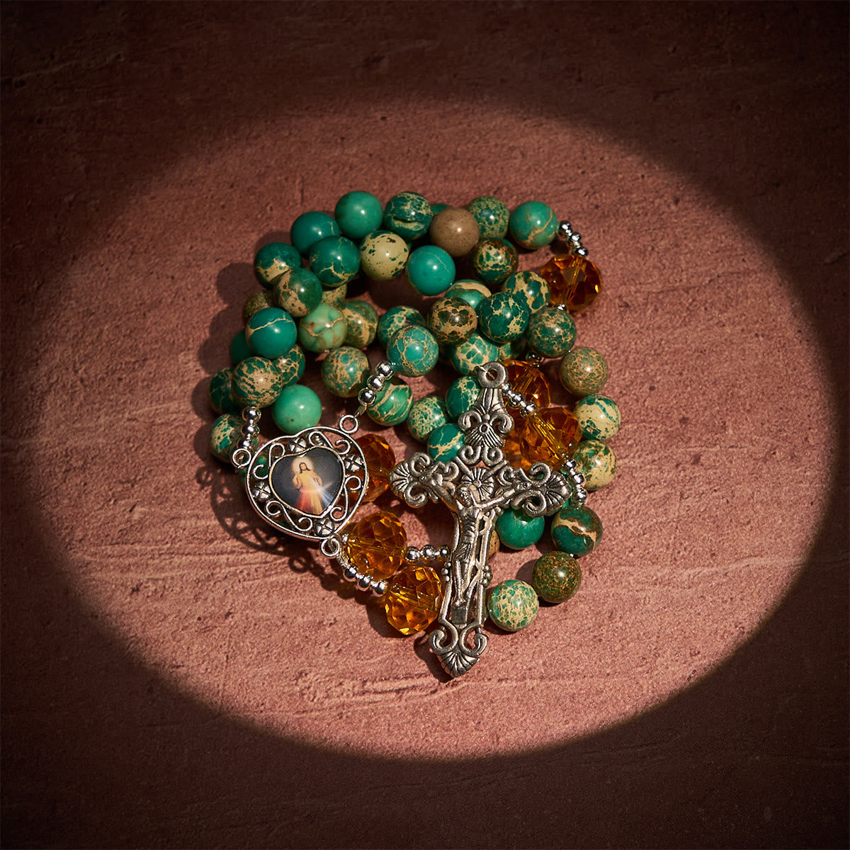 Peace through Mary's Heart Rosary in Turquoise and Amber Hues