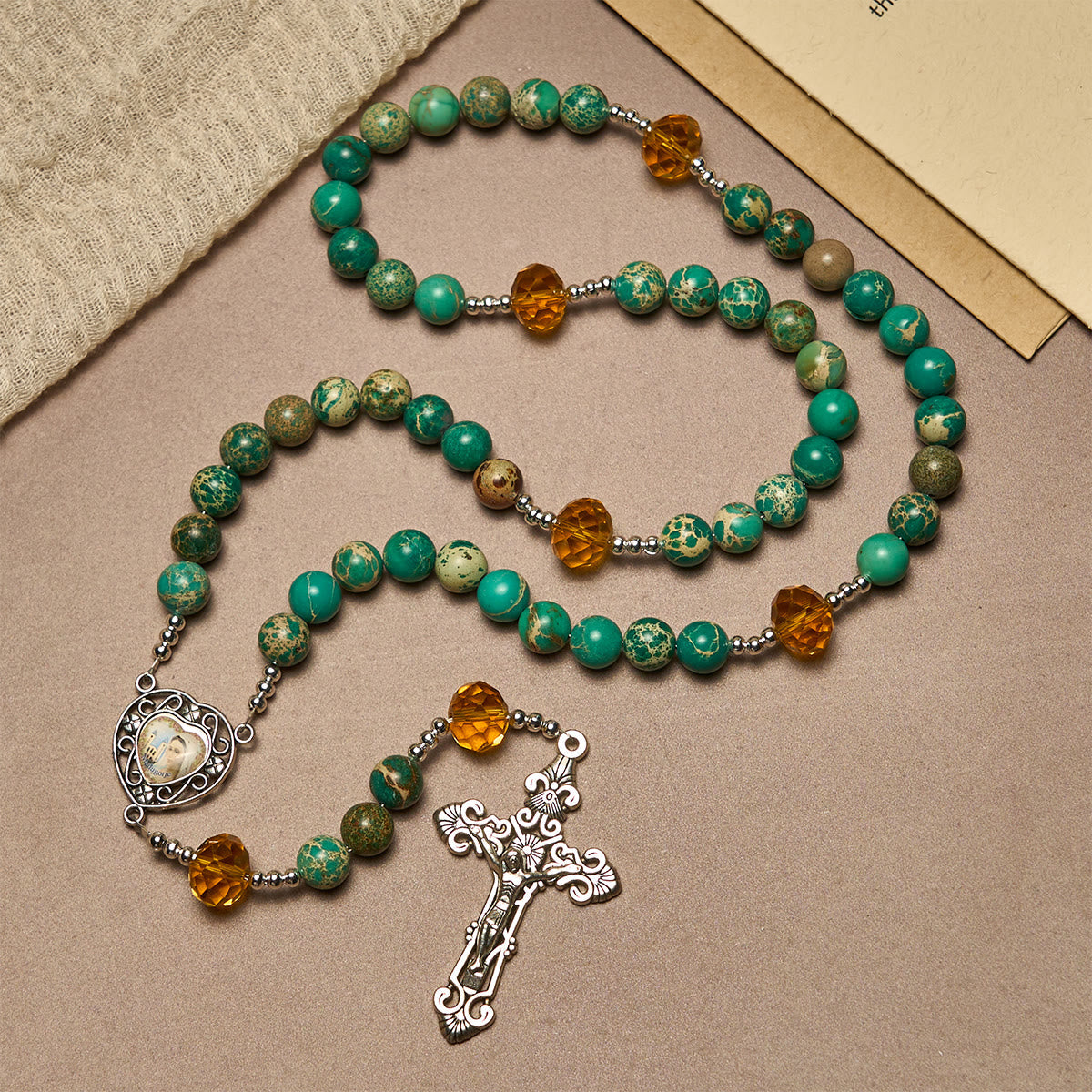 Peace through Mary's Heart Rosary in Turquoise and Amber Hues