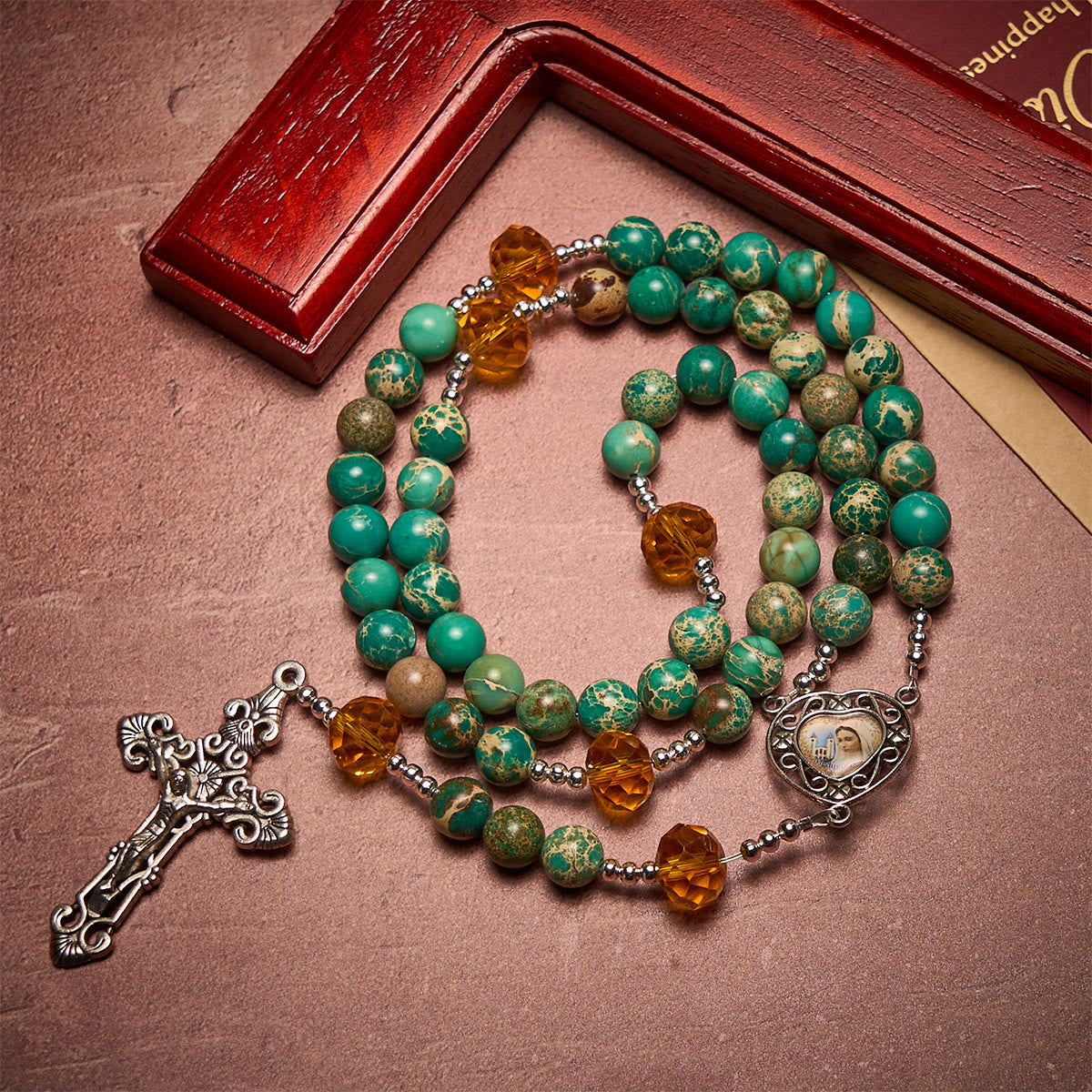 Peace through Mary's Heart Rosary in Turquoise and Amber Hues