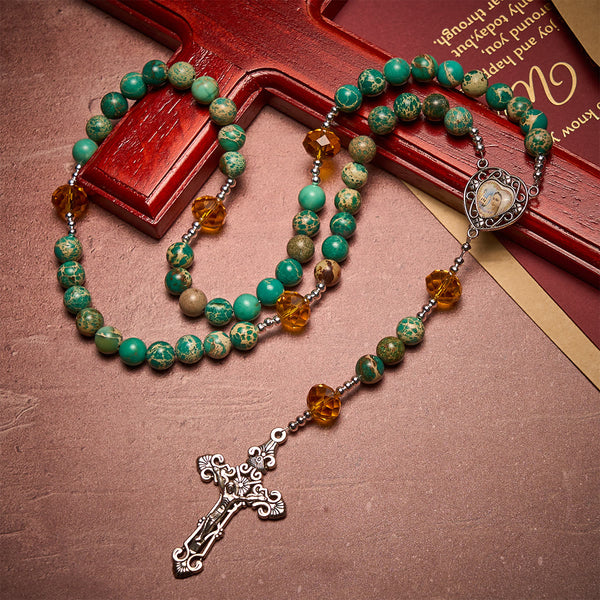 Peace through Mary's Heart Rosary in Turquoise and Amber Hues