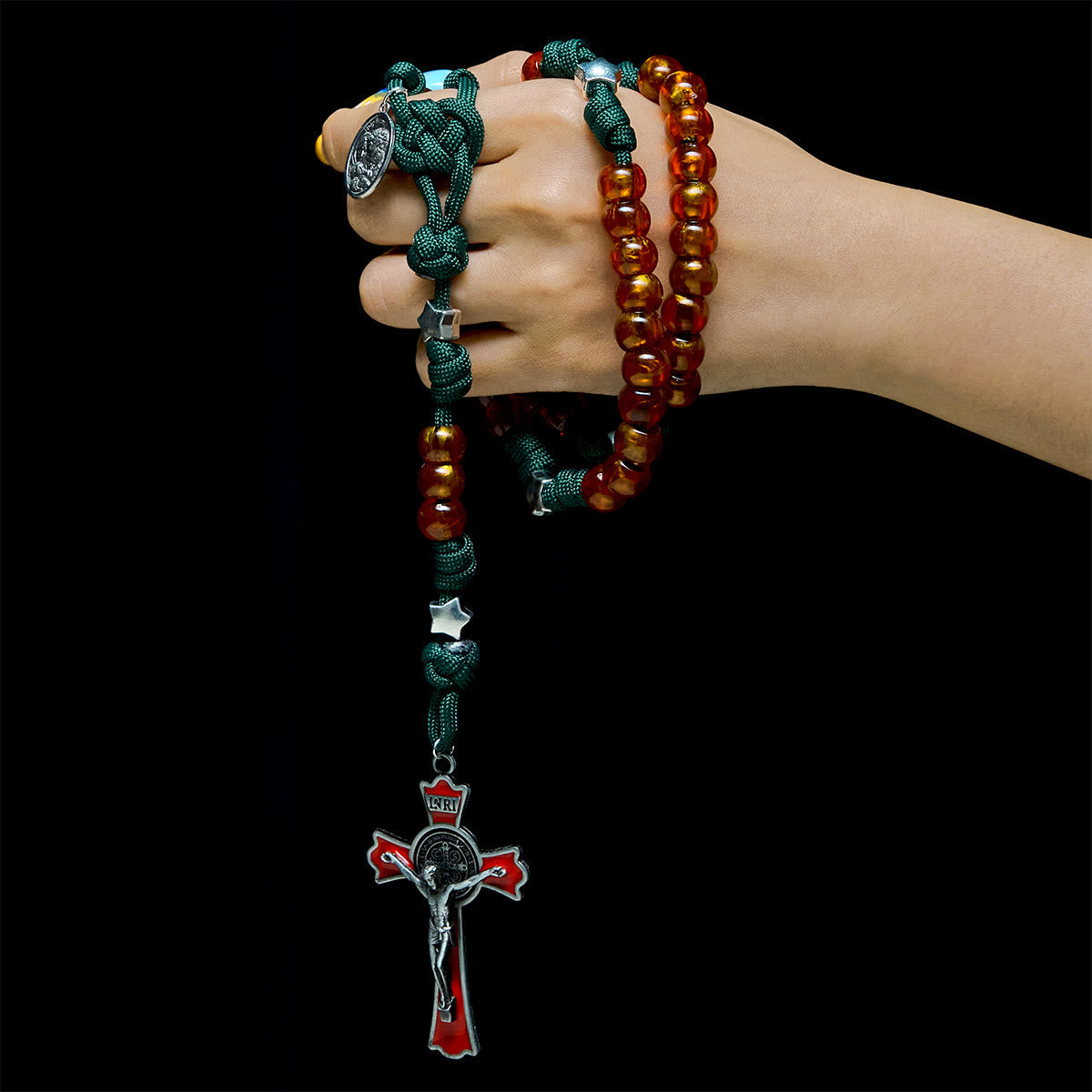 Amber-Tone Beads and Green Paracord Christmas Rosary with Holy Family Medal