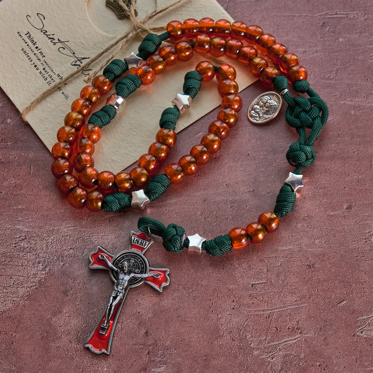 Amber-Tone Beads and Green Paracord Christmas Rosary with Holy Family Medal