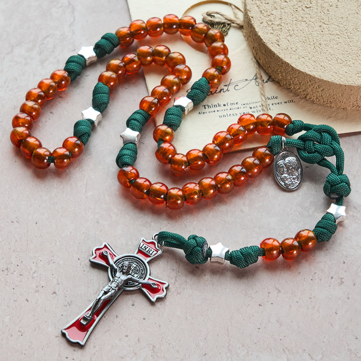 Amber-Tone Beads and Green Paracord Christmas Rosary with Holy Family Medal