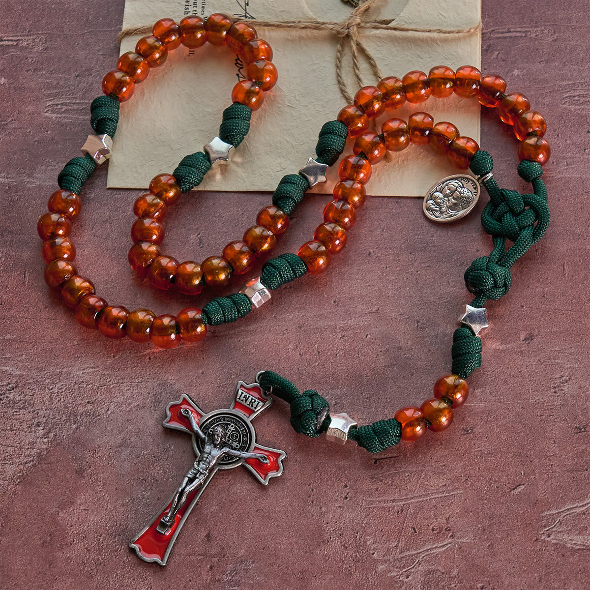 Amber-Tone Beads and Green Paracord Christmas Rosary with Holy Family Medal