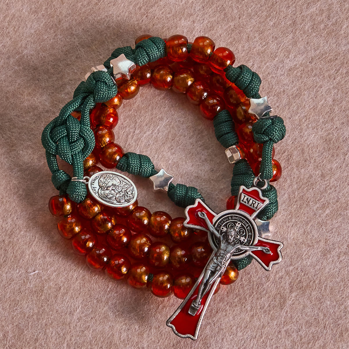Amber-Tone Beads and Green Paracord Christmas Rosary with Holy Family Medal