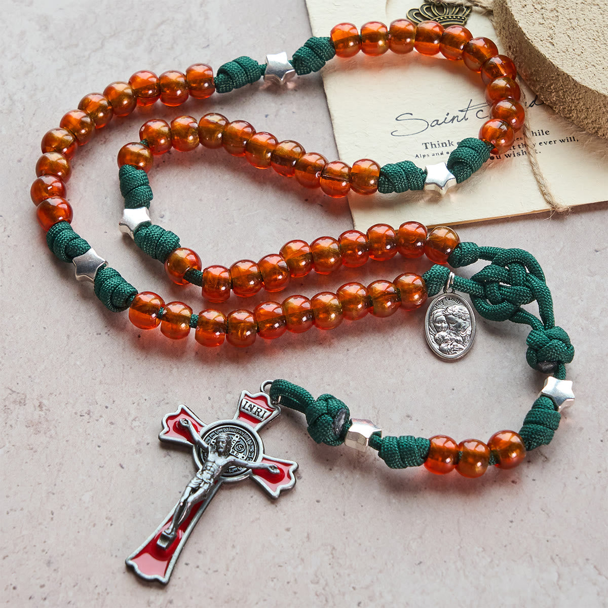Amber-Tone Beads and Green Paracord Christmas Rosary with Holy Family Medal