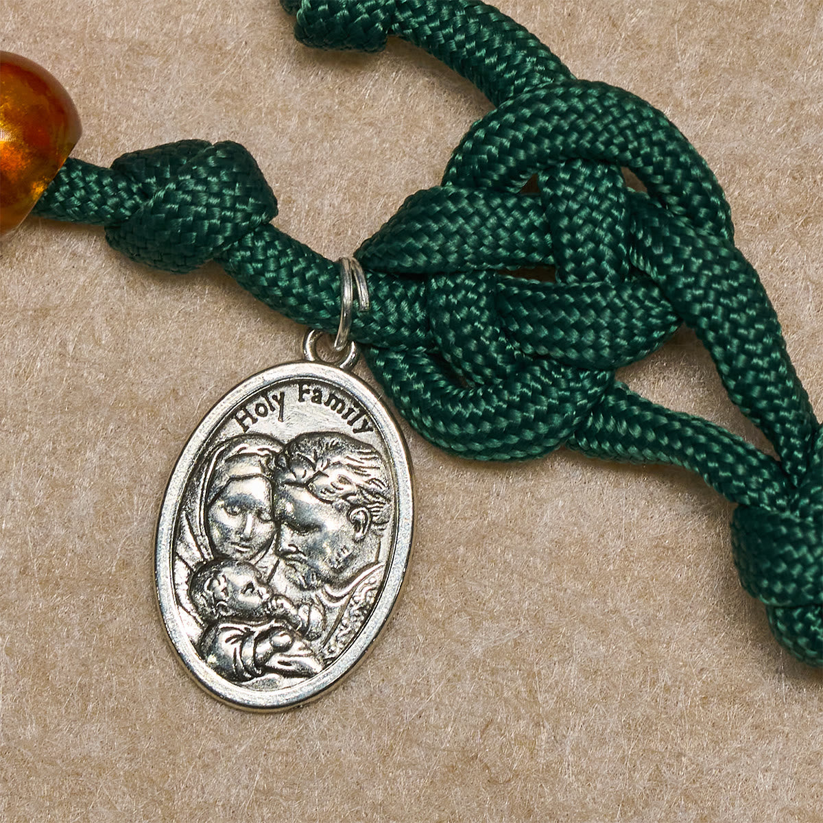 Amber-Tone Beads and Green Paracord Christmas Rosary with Holy Family Medal