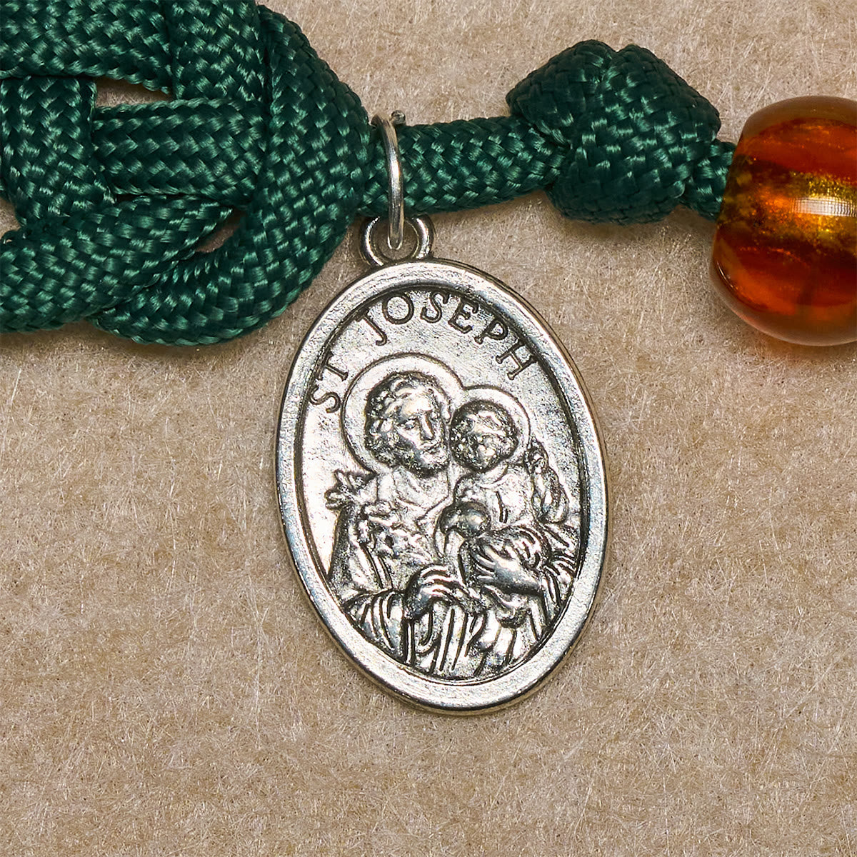 Amber-Tone Beads and Green Paracord Christmas Rosary with Holy Family Medal