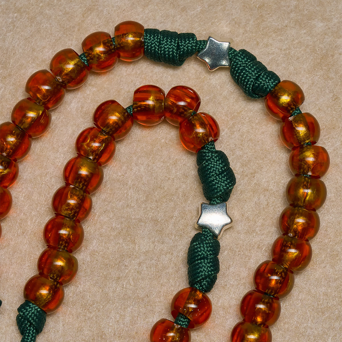 Amber-Tone Beads and Green Paracord Christmas Rosary with Holy Family Medal