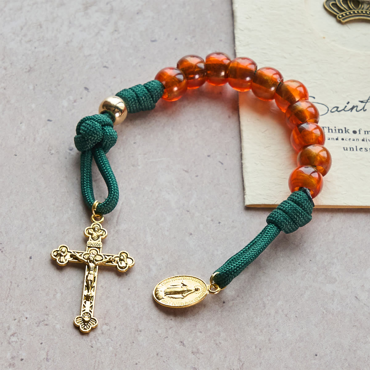 Amber-Tone Beads and Green Paracord Christmas Rosary with Holy Family Medal
