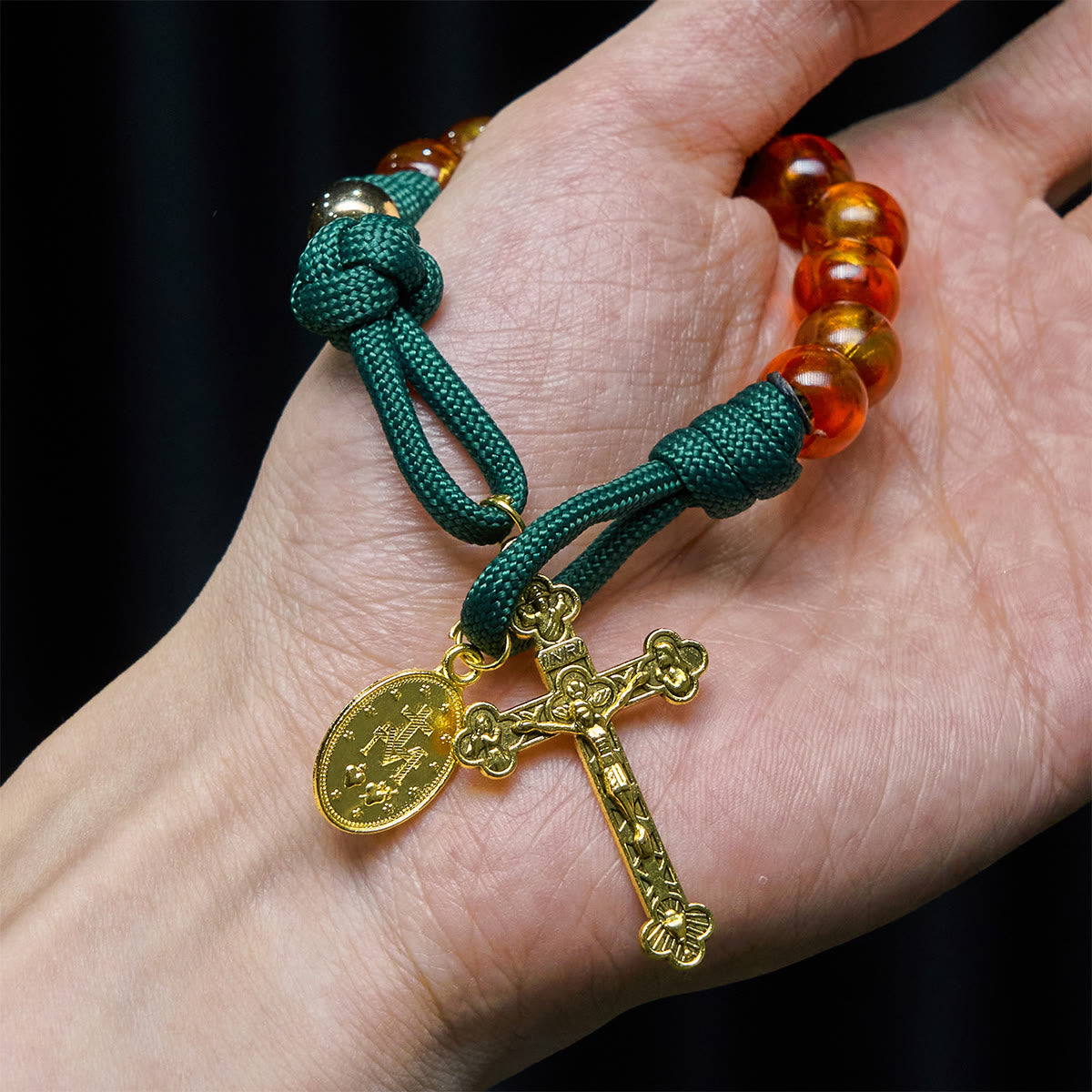 Amber-Tone Beads and Green Paracord Christmas Rosary with Holy Family Medal