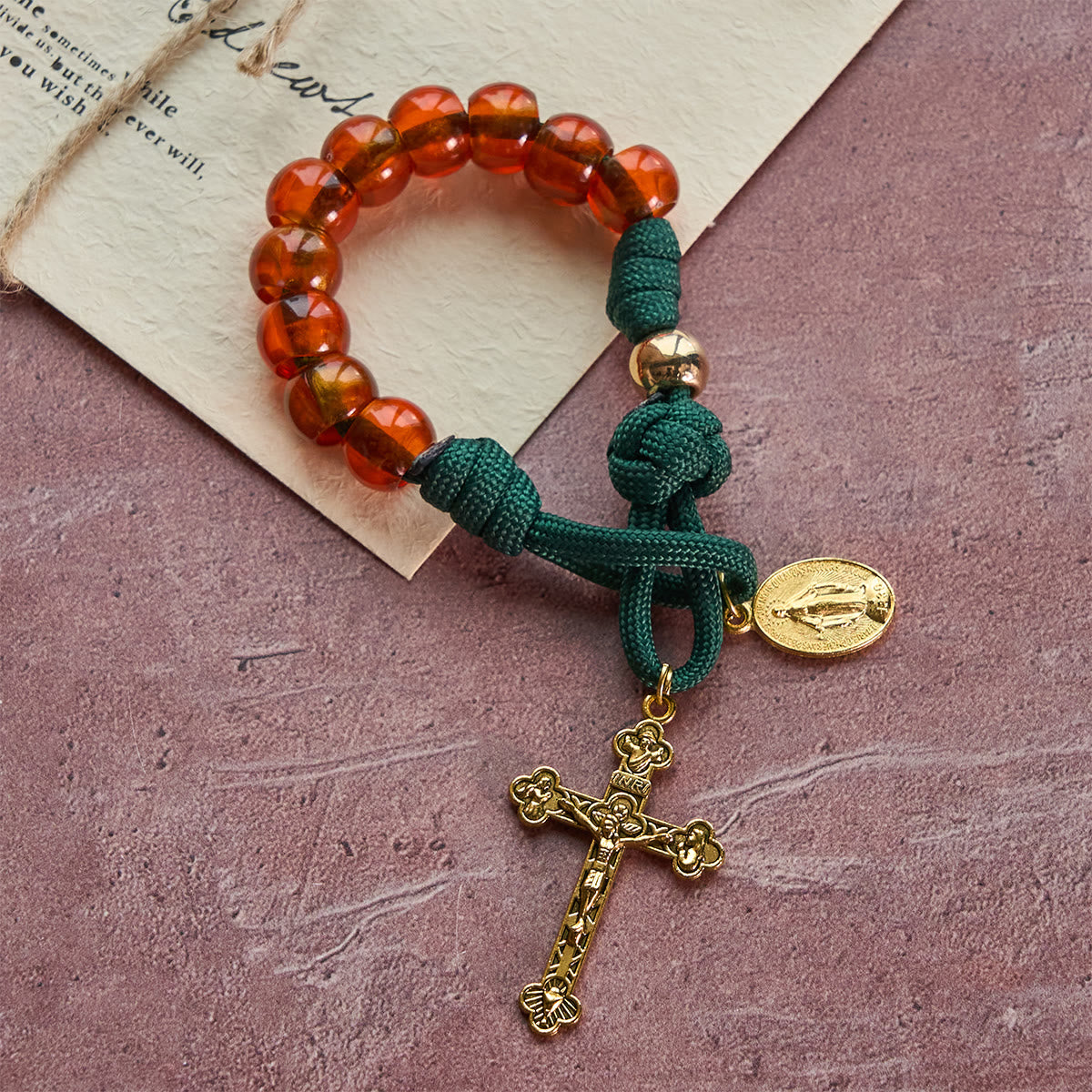 Amber-Tone Beads and Green Paracord Christmas Rosary with Holy Family Medal