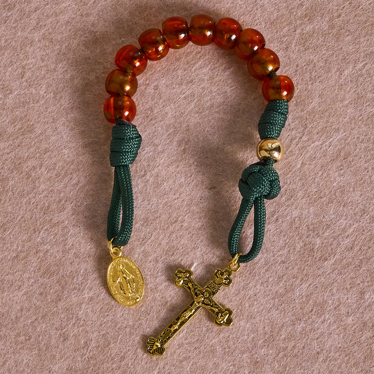Amber-Tone Beads and Green Paracord Christmas Rosary with Holy Family Medal