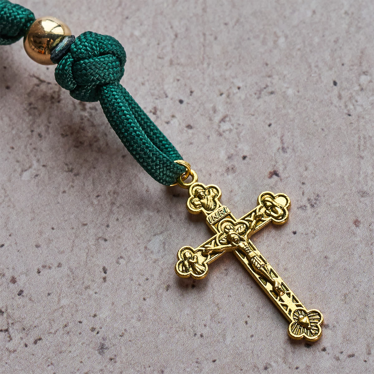 Amber-Tone Beads and Green Paracord Christmas Rosary with Holy Family Medal