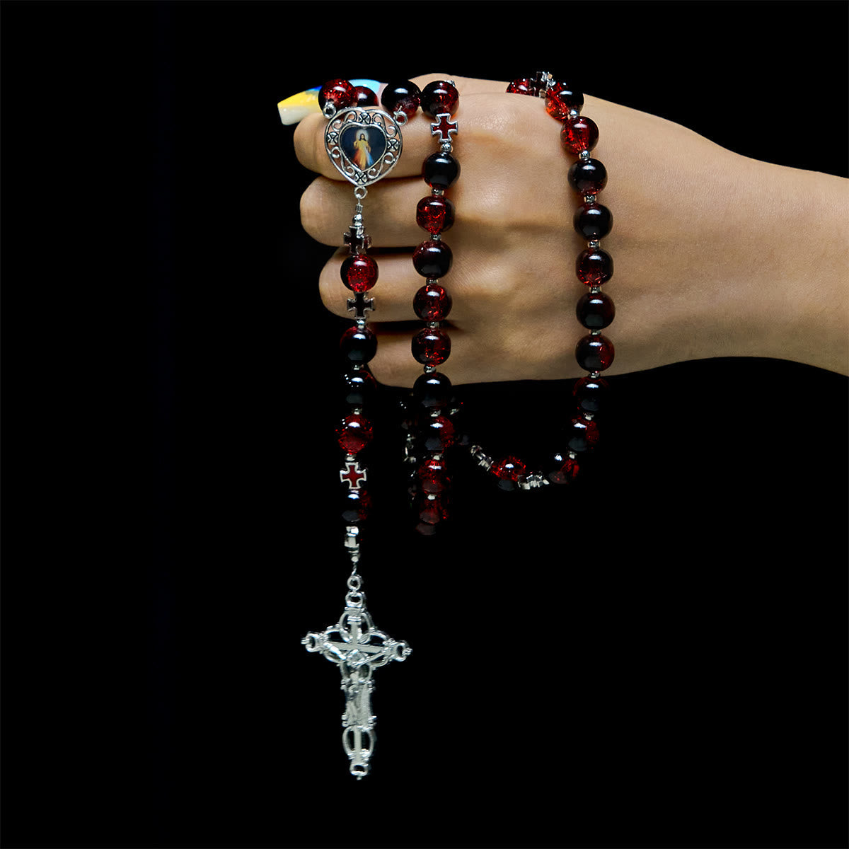 Divine Mercy Rosary in Black and Red Glass Beads Symbolizing Christ's Passion