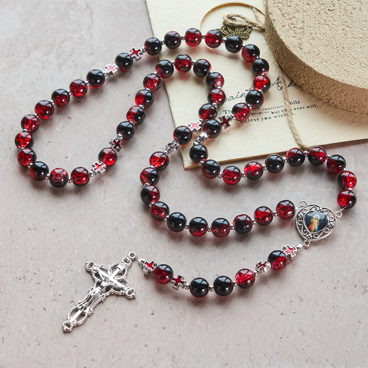 Divine Mercy Rosary in Black and Red Glass Beads Symbolizing Christ's Passion