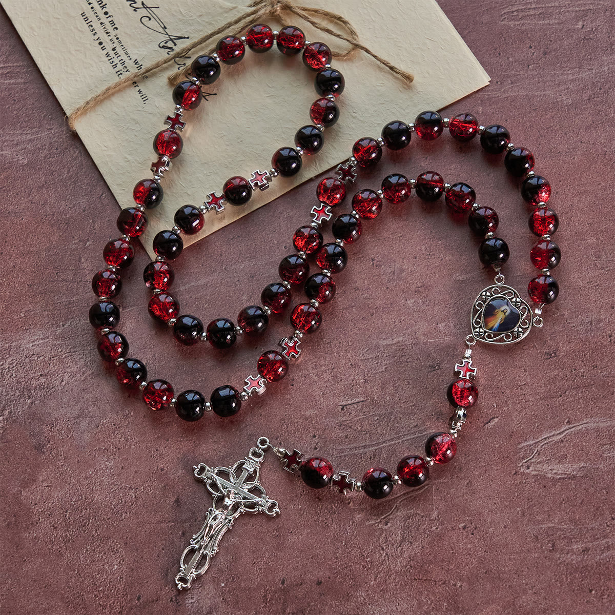 Divine Mercy Rosary in Black and Red Glass Beads Symbolizing Christ's Passion