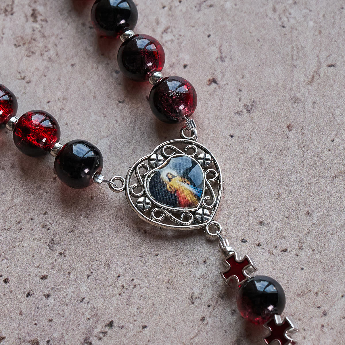 Divine Mercy Rosary in Black and Red Glass Beads Symbolizing Christ's Passion
