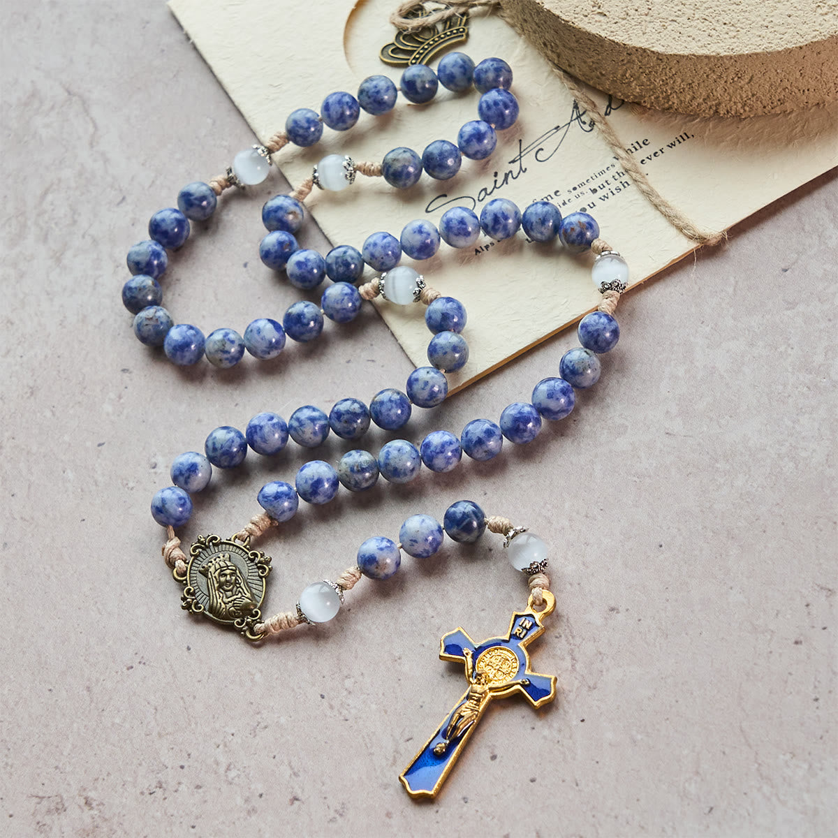 Immaculate Heart of Mary & Crucifix of 8 mm Round Blue Stone Nylon Cord Rosary