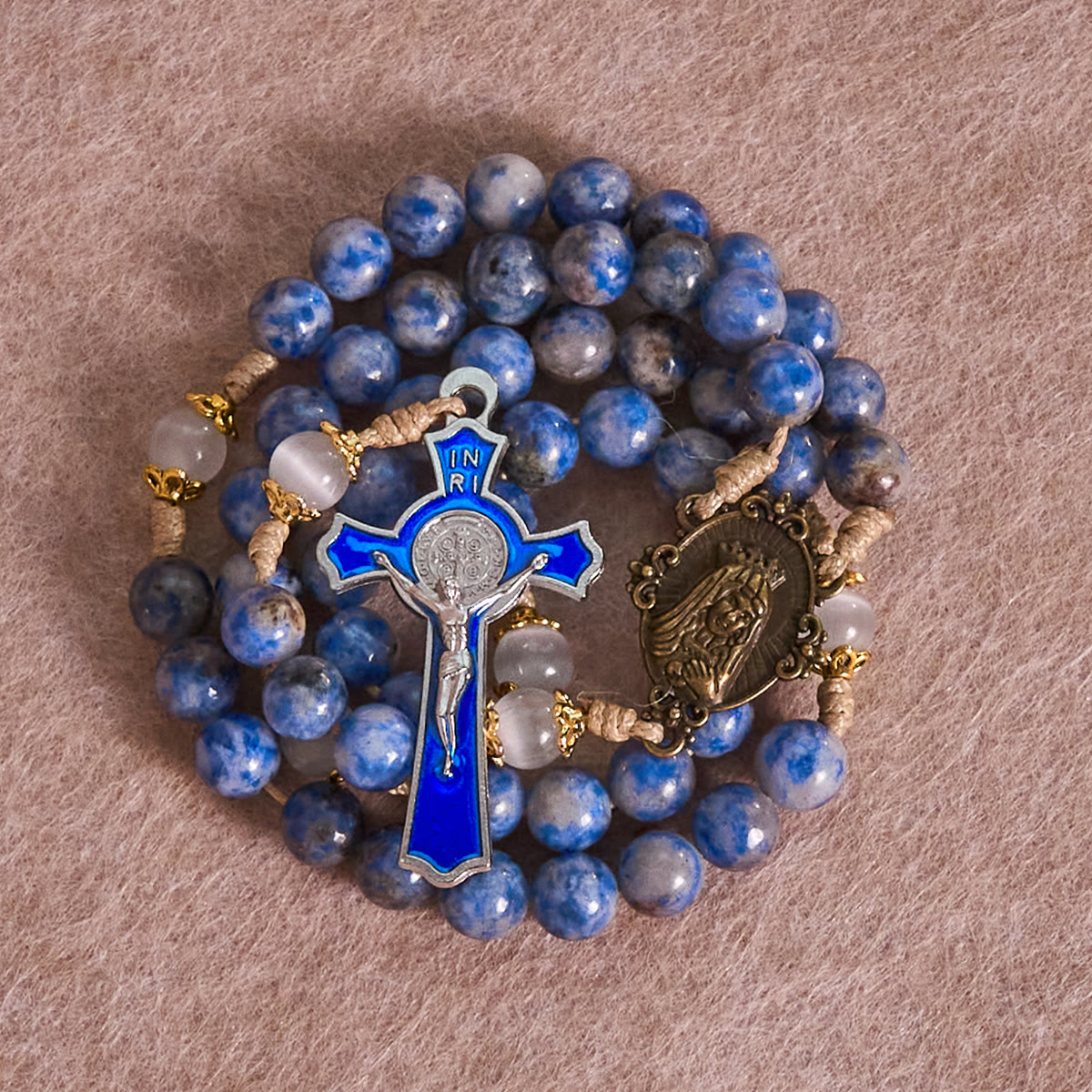 Immaculate Heart of Mary & Crucifix of 8 mm Round Blue Stone Nylon Cord Rosary
