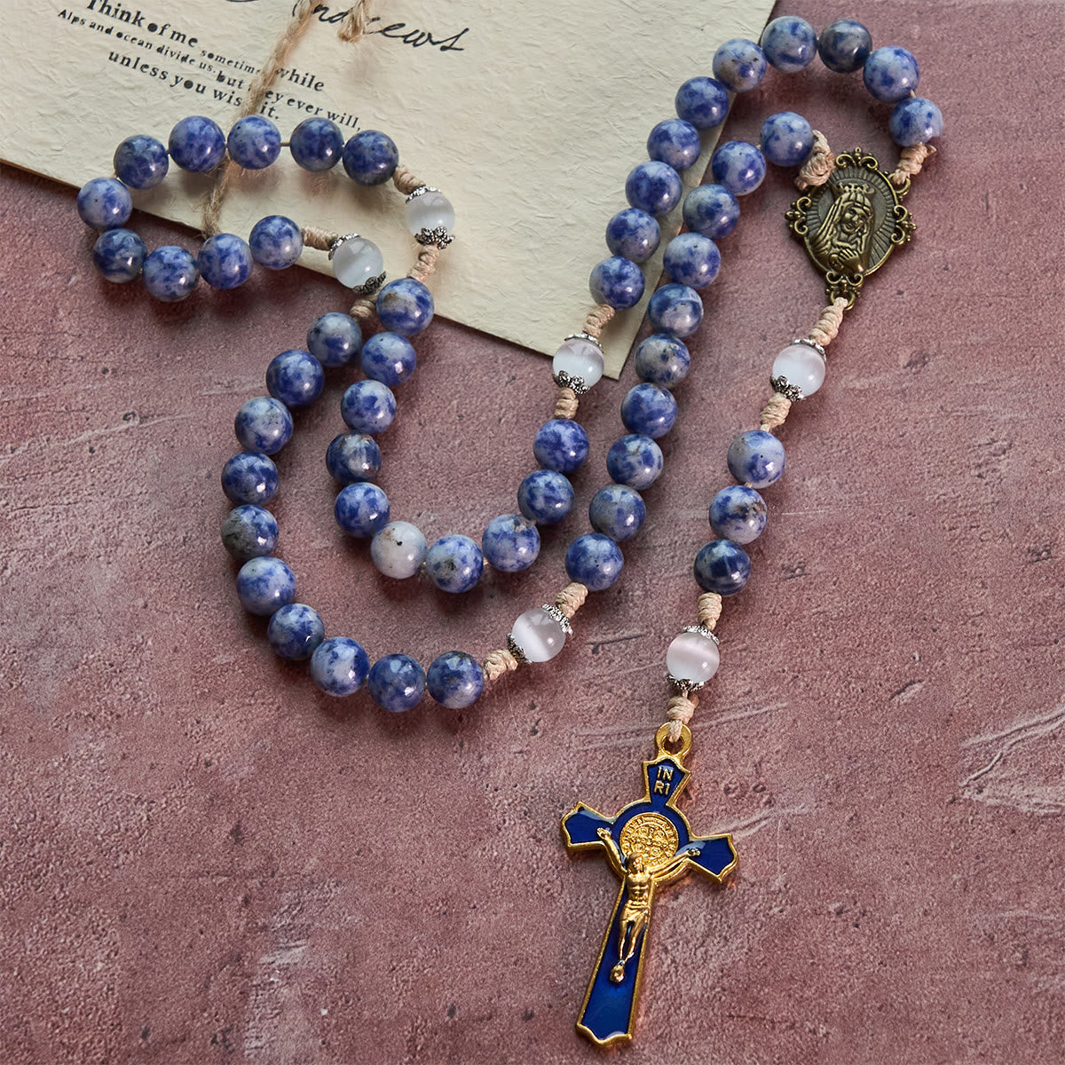 Immaculate Heart of Mary & Crucifix of 8 mm Round Blue Stone Nylon Cord Rosary