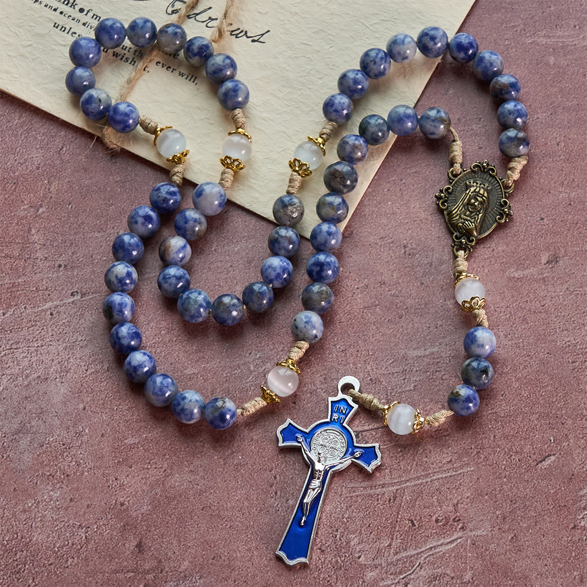 Immaculate Heart of Mary & Crucifix of 8 mm Round Blue Stone Nylon Cord Rosary