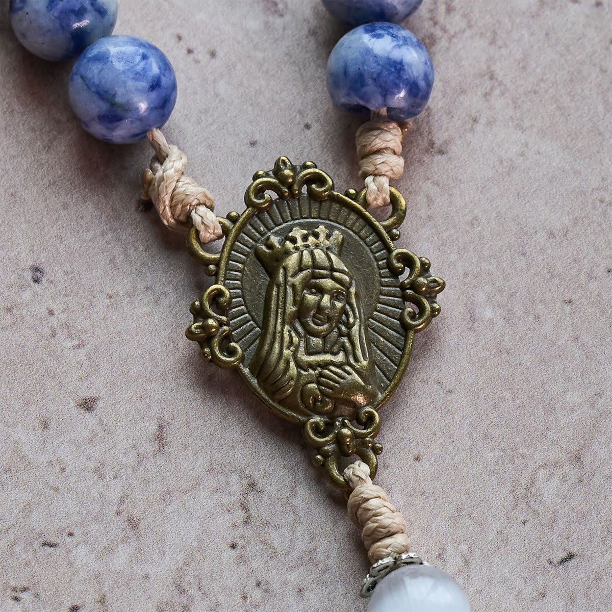 Immaculate Heart of Mary & Crucifix of 8 mm Round Blue Stone Nylon Cord Rosary