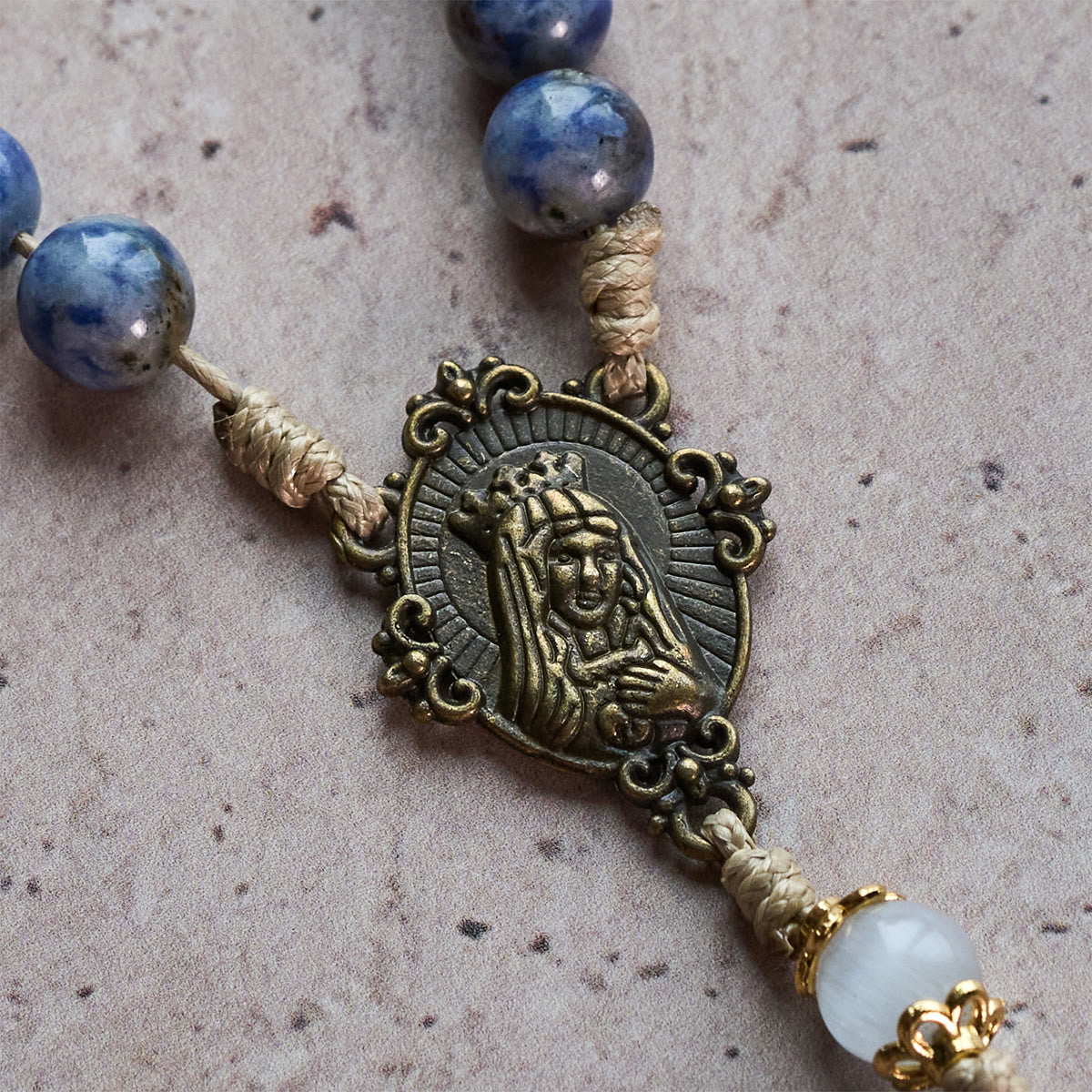 Immaculate Heart of Mary & Crucifix of 8 mm Round Blue Stone Nylon Cord Rosary