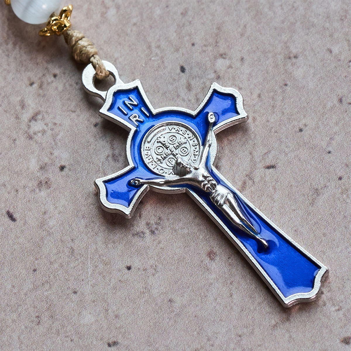 Immaculate Heart of Mary & Crucifix of 8 mm Round Blue Stone Nylon Cord Rosary
