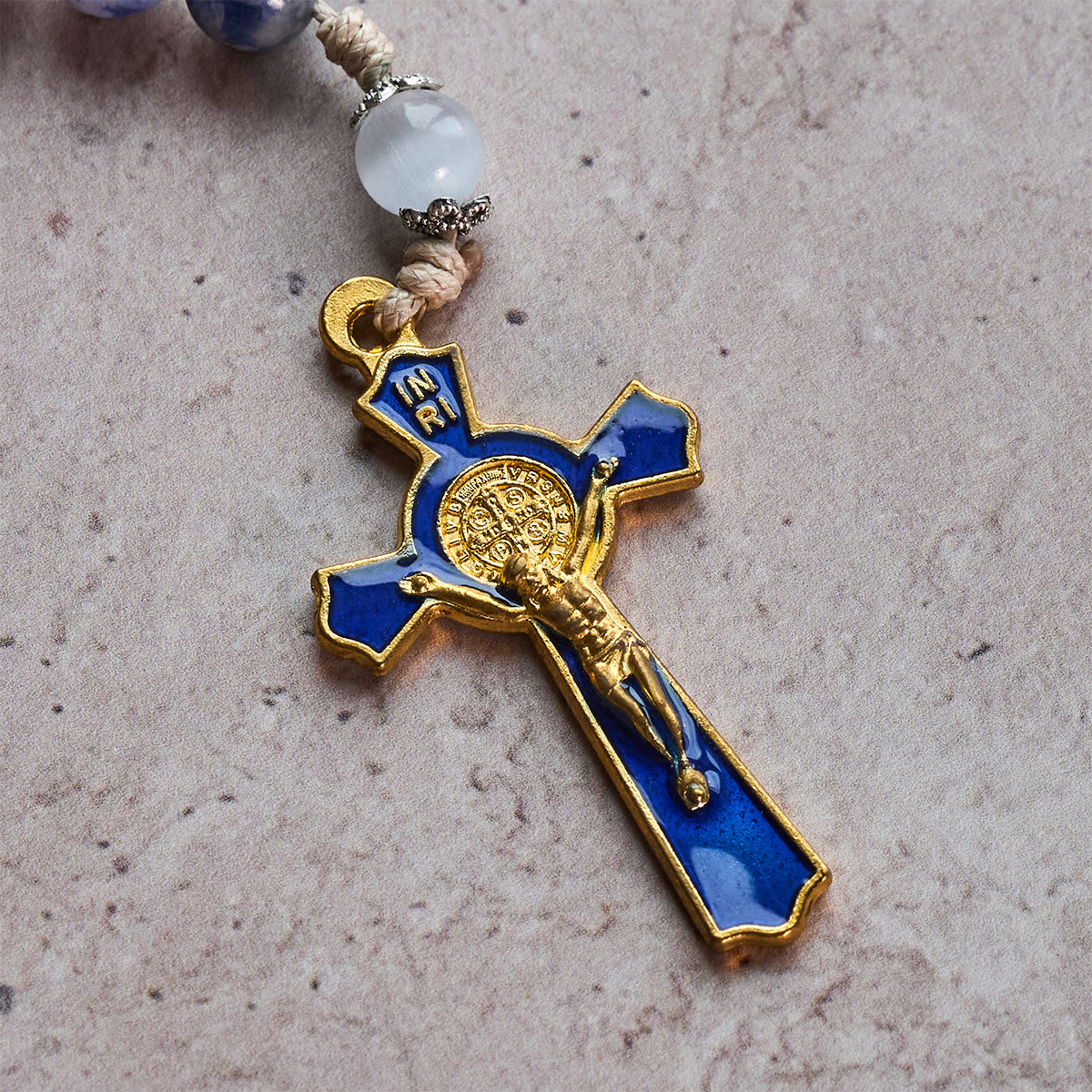 Immaculate Heart of Mary & Crucifix of 8 mm Round Blue Stone Nylon Cord Rosary