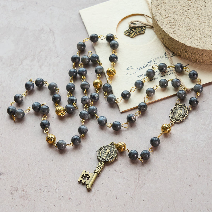 Miraculous Medal & Saint Benedict Key of 8 mm Round Black Stone Alloy Chain Rosary