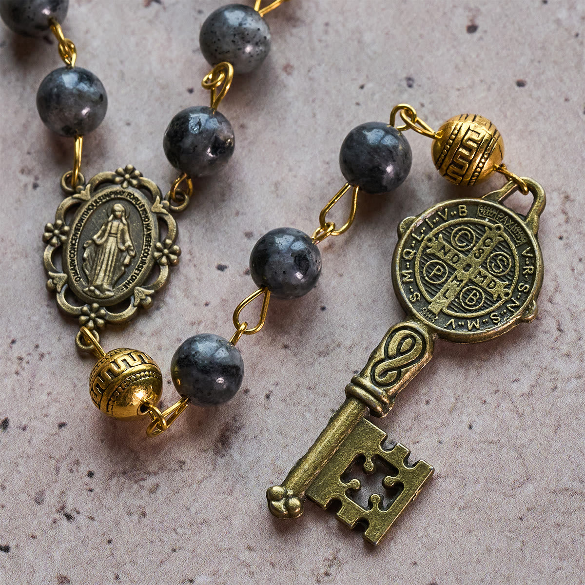 Miraculous Medal & Saint Benedict Key of 8 mm Round Black Stone Alloy Chain Rosary