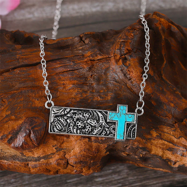 Turquoise Cross Bar Pendant Necklace: Western Faith & Artistic Devotion